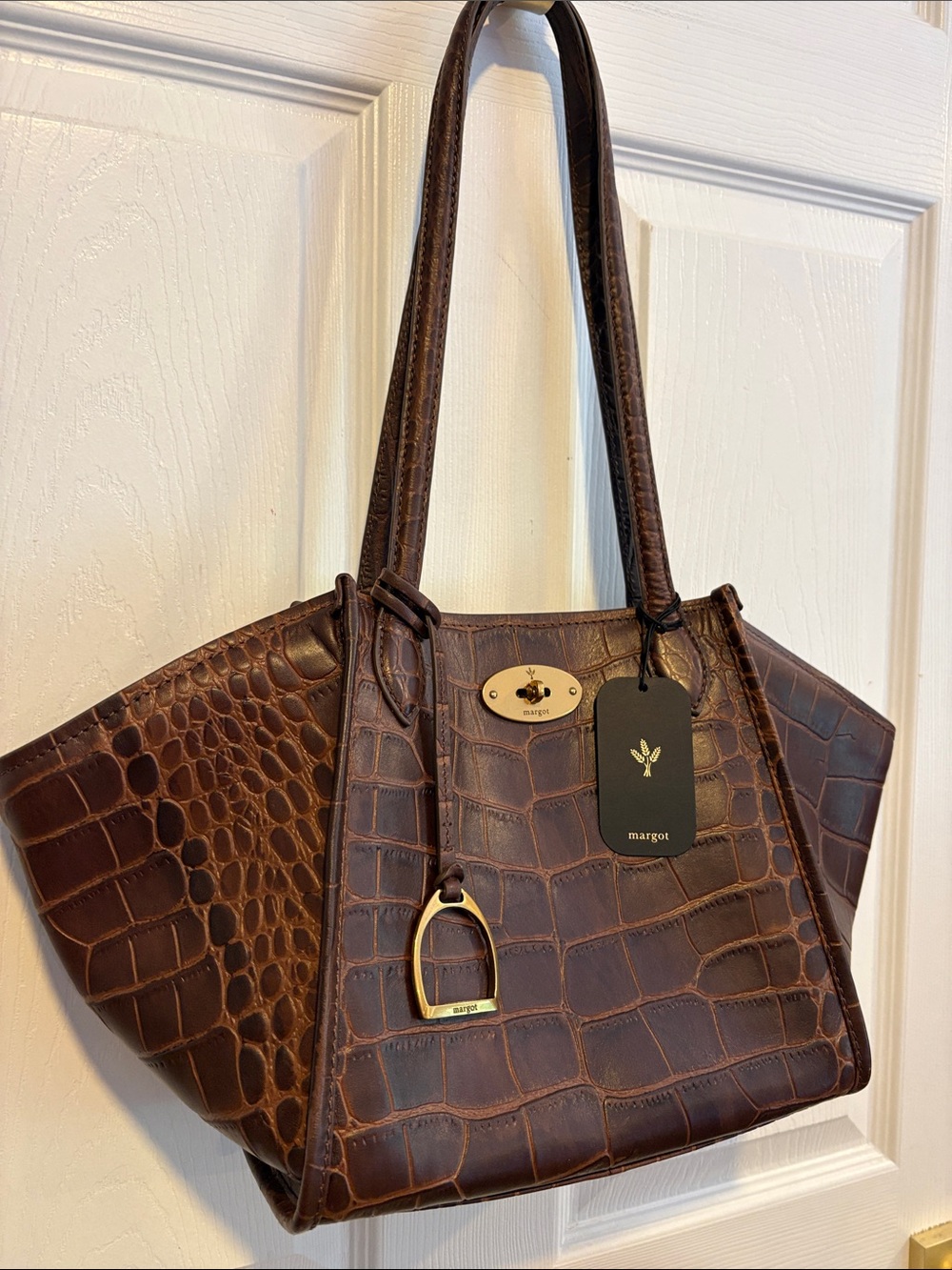 BNWT MARGOT Viral Dark Brown Cognac Croc-Embossed Leather Shoulder Bag Tote
